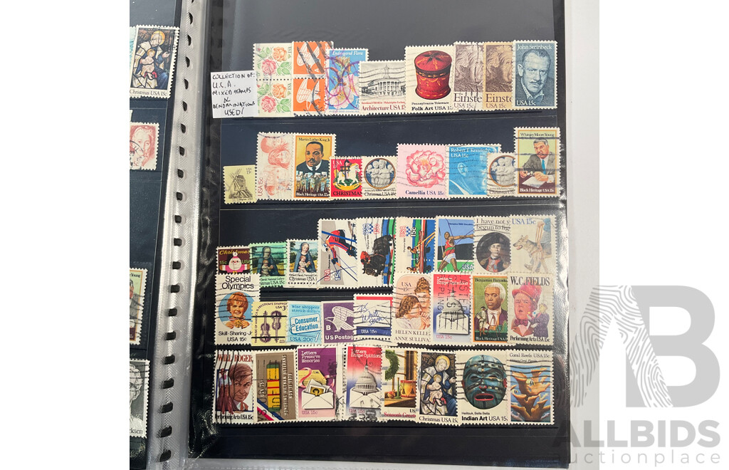 Album of Vintage USA Stamps, Examples Spanning 1870's to 1980's Including Benjamin Franklin, George Washington, James A. Garfield,  Black Heritage and More