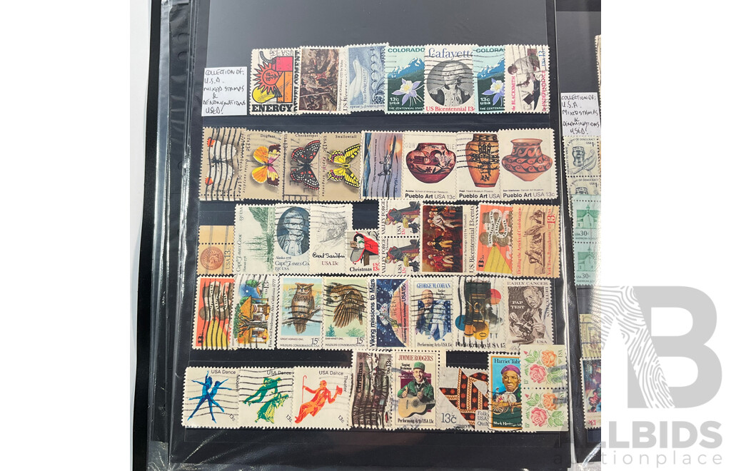 Album of Vintage USA Stamps, Examples Spanning 1870's to 1980's Including Benjamin Franklin, George Washington, James A. Garfield,  Black Heritage and More