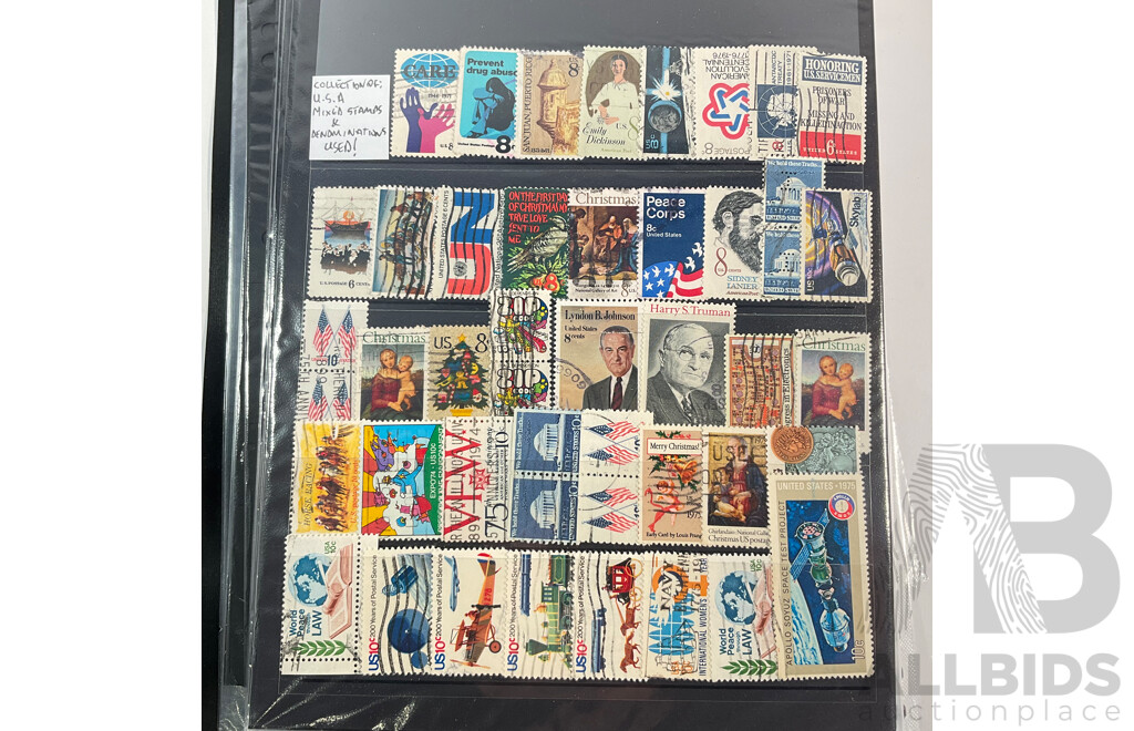 Album of Vintage USA Stamps, Examples Spanning 1870's to 1980's Including Benjamin Franklin, George Washington, James A. Garfield,  Black Heritage and More