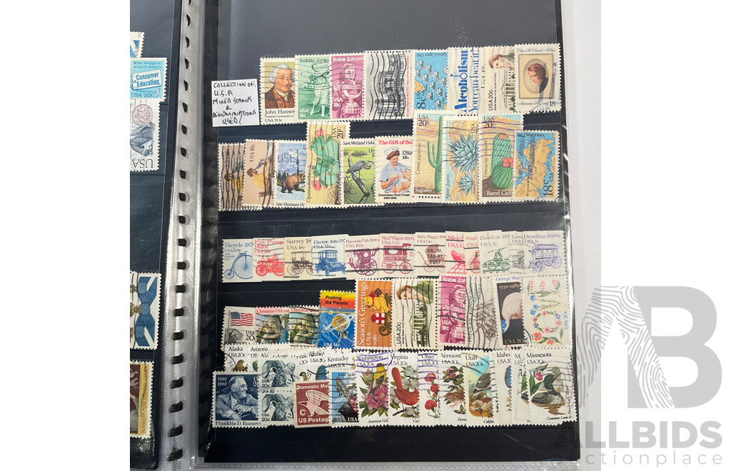 Album of Vintage USA Stamps, Examples Spanning 1870's to 1980's Including Benjamin Franklin, George Washington, James A. Garfield,  Black Heritage and More
