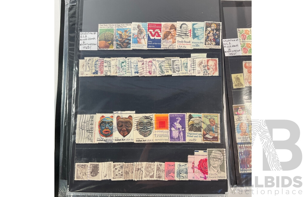 Album of Vintage USA Stamps, Examples Spanning 1870's to 1980's Including Benjamin Franklin, George Washington, James A. Garfield,  Black Heritage and More