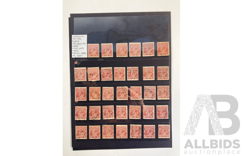 Collection of Australian 1910's-1920's KGV Stamps, One and Half Penny, Two Penny and Five Penny