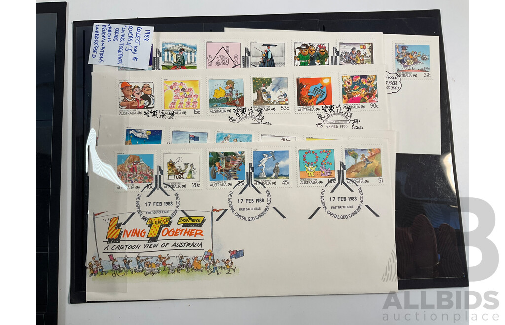 Collection of Australian Mint Stamps and Stamp Blocks with 1981 Living Together First Day Cover Series