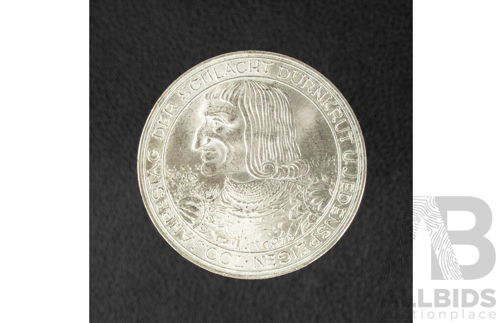 Austria 1978 Silver One Hundred Schilling Coin, 700th Anniversary of the Battle of Durnkrut and Jedenspeigen .640