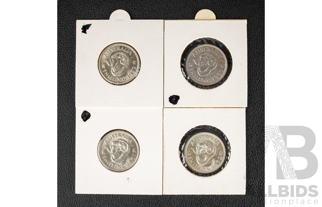 Four Australian QE2 Silver Shillings 1959, 1960, 1961, 1962, High Grade .500