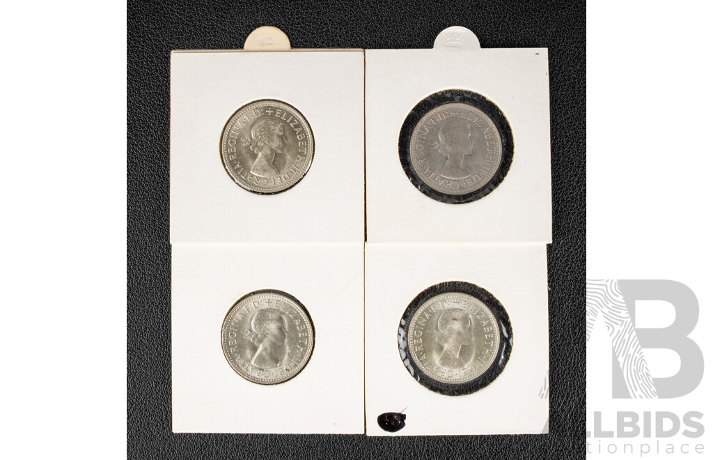 Four Australian QE2 Silver Shillings 1959, 1960, 1961, 1962, High Grade .500