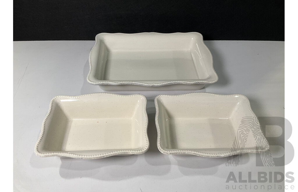 Three Ceramic Stoneware Baking Dishes, Matching Trio