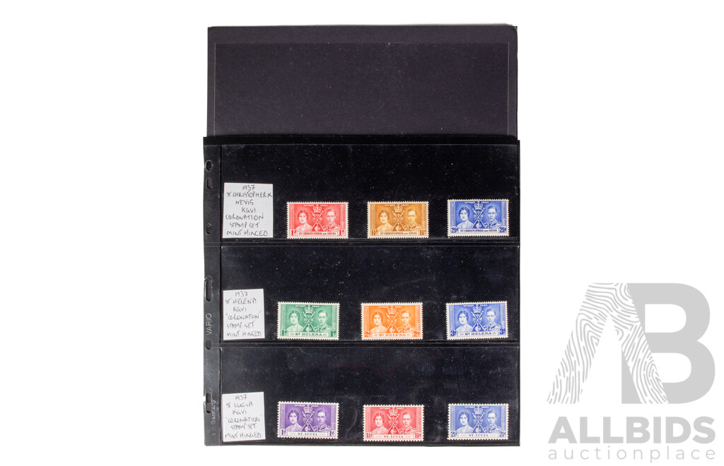 British Commonwealth 1937 King George and Queen Mother Mint Hinged Stamp Sets Including Swaziland, Sierra Leone, St Lucia, St Christopher and Nevis, St Helena, Seychelles, St Vincent, Somaliland Protectorate, Straits Settlement Malaya................