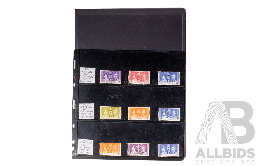British Commonwealth 1937 King George and Queen Mother Mint Hinged Stamp Sets Including Swaziland, Sierra Leone, St Lucia, St Christopher and Nevis, St Helena, Seychelles, St Vincent, Somaliland Protectorate, Straits Settlement Malaya................