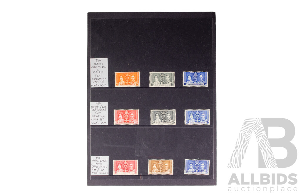 British Commonwealth 1937 King George and Queen Mother Mint Hinged Stamp Sets Including Swaziland, Sierra Leone, St Lucia, St Christopher and Nevis, St Helena, Seychelles, St Vincent, Somaliland Protectorate, Straits Settlement Malaya................