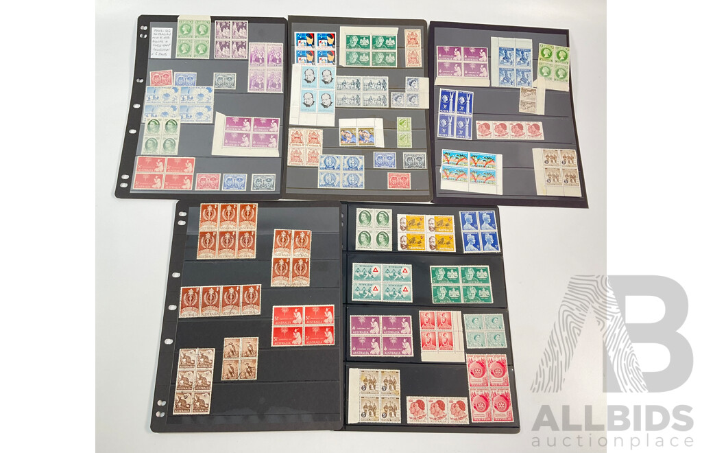 Collection of Australian Mint and Cancelled Predecimal Stamp Blocks and Strips, Examples Spanning 1940's to 1960's Including Antarctic Territory, Christmas 1957, 1964, Australia Postage 1945 and More