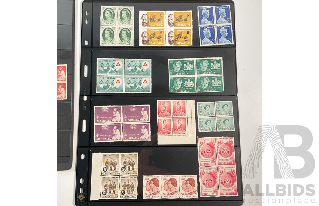 Collection of Australian Mint and Cancelled Predecimal Stamp Blocks and Strips, Examples Spanning 1940's to 1960's Including Antarctic Territory, Christmas 1957, 1964, Australia Postage 1945 and More