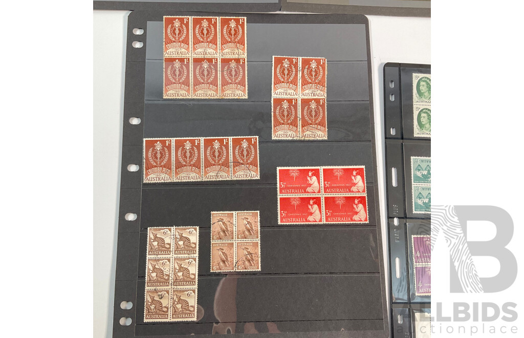 Collection of Australian Mint and Cancelled Predecimal Stamp Blocks and Strips, Examples Spanning 1940's to 1960's Including Antarctic Territory, Christmas 1957, 1964, Australia Postage 1945 and More