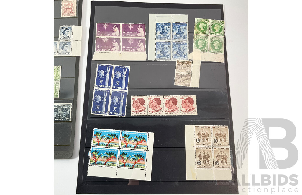 Collection of Australian Mint and Cancelled Predecimal Stamp Blocks and Strips, Examples Spanning 1940's to 1960's Including Antarctic Territory, Christmas 1957, 1964, Australia Postage 1945 and More