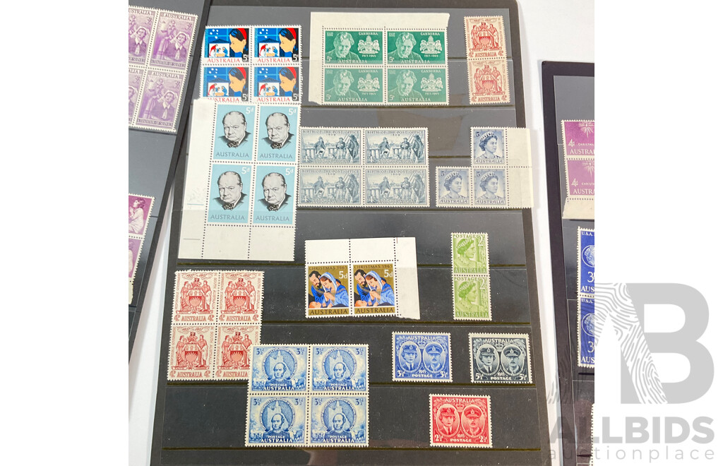 Collection of Australian Mint and Cancelled  Predecimal Stamp Blocks and Strips, Examples Spanning 1940's to 1960's Including Antarctic Territory, Christmas 1957, 1964, Australia Postage 1945 and More