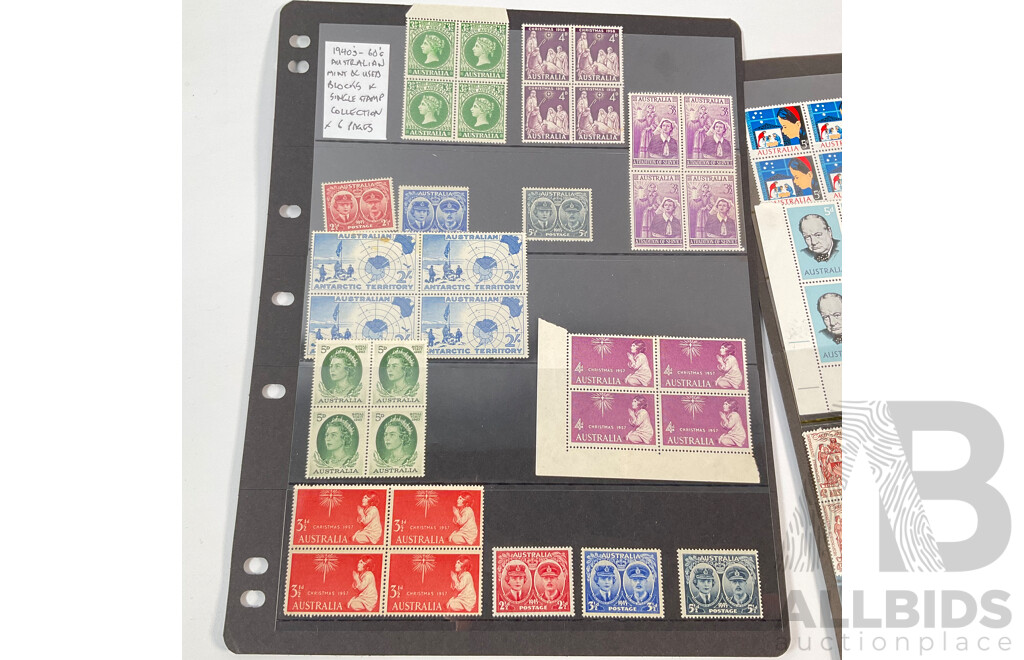 Collection of Australian Mint and Cancelled  Predecimal Stamp Blocks and Strips, Examples Spanning 1940's to 1960's Including Antarctic Territory, Christmas 1957, 1964, Australia Postage 1945 and More