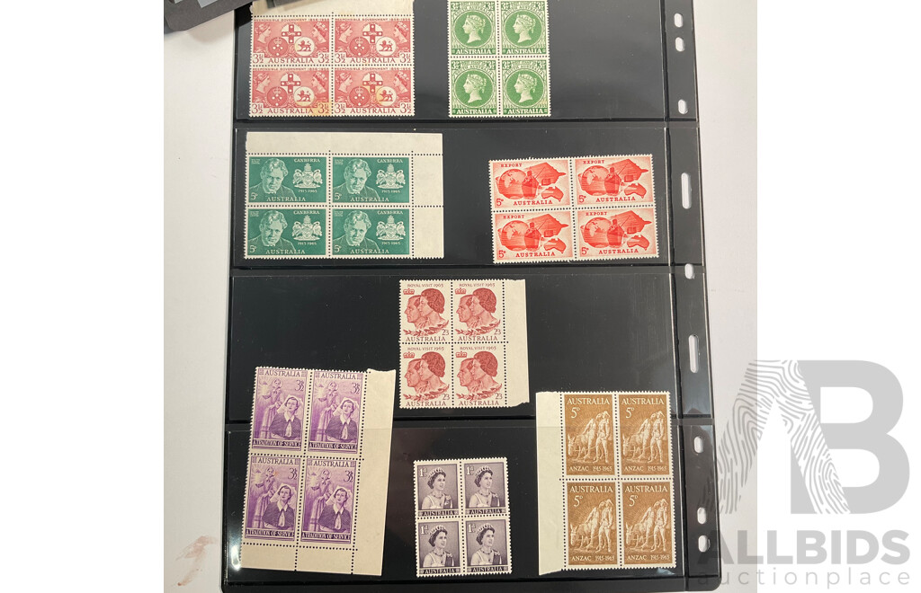 Collection of Australian Mint and Cancelled  Predecimal Stamp Blocks and Strips, Examples Spanning 1940's to 1960's Including Antarctic Territory, Christmas 1957, 1964, Australia Postage 1945 and More