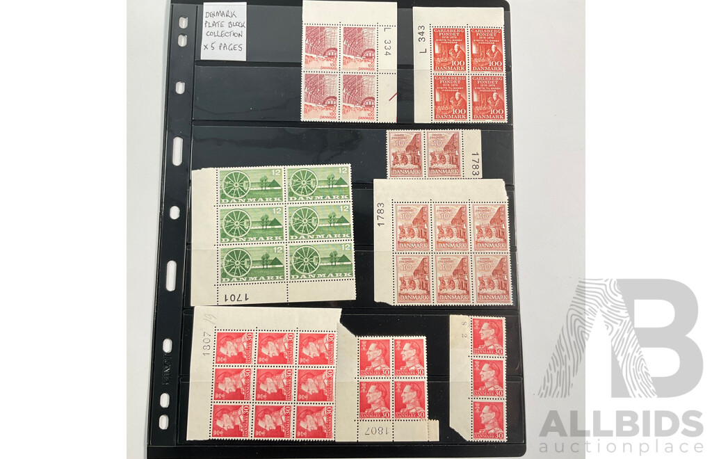 Collection of Vintage Denmark Mint Plate Block Stamps