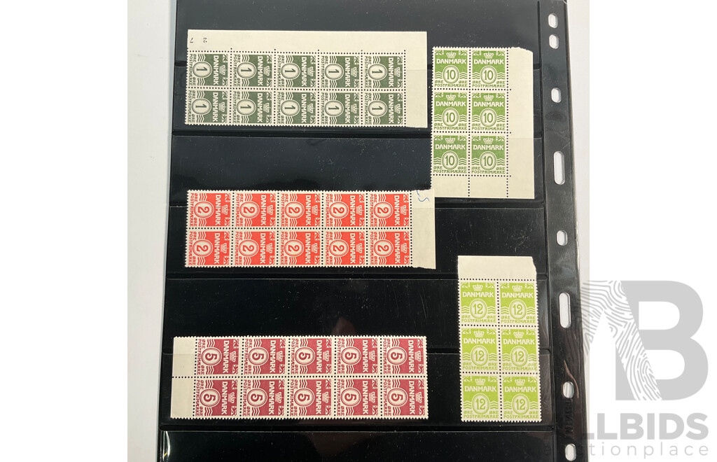 Collection of Vintage Denmark Mint Plate Block Stamps