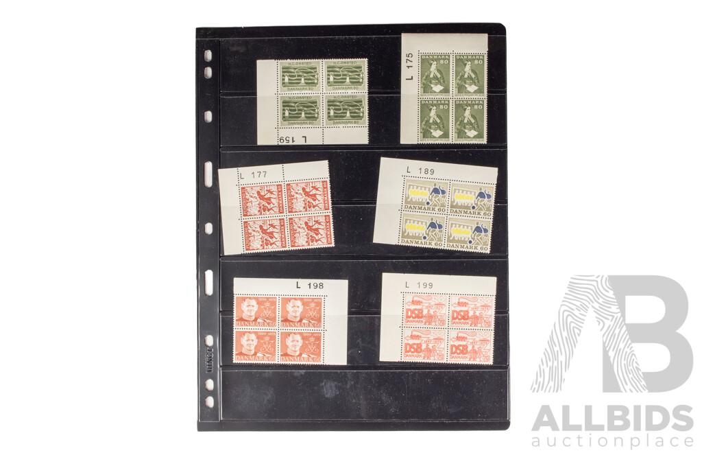 Collection of Vintage Denmark Mint Plate Block Stamps