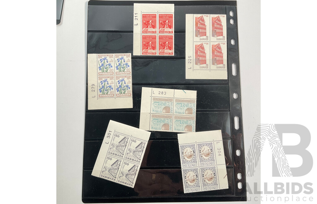 Collection of Vintage Denmark Mint Plate Block Stamps