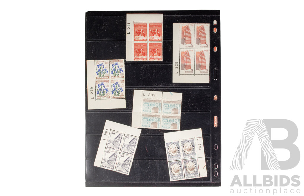 Collection of Vintage Denmark Mint Plate Block Stamps