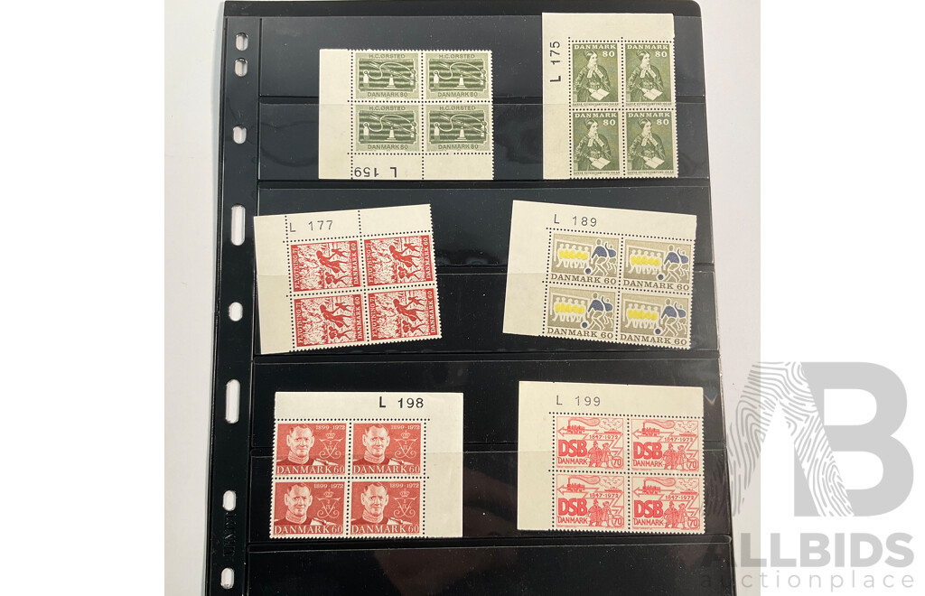 Collection of Vintage Denmark Mint Plate Block Stamps