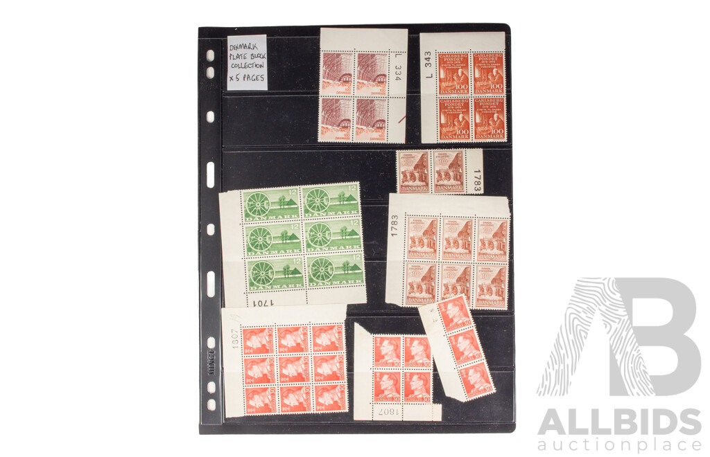 Collection of Vintage Denmark Mint Plate Block Stamps