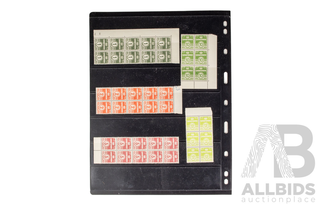 Collection of Vintage Denmark Mint Plate Block Stamps