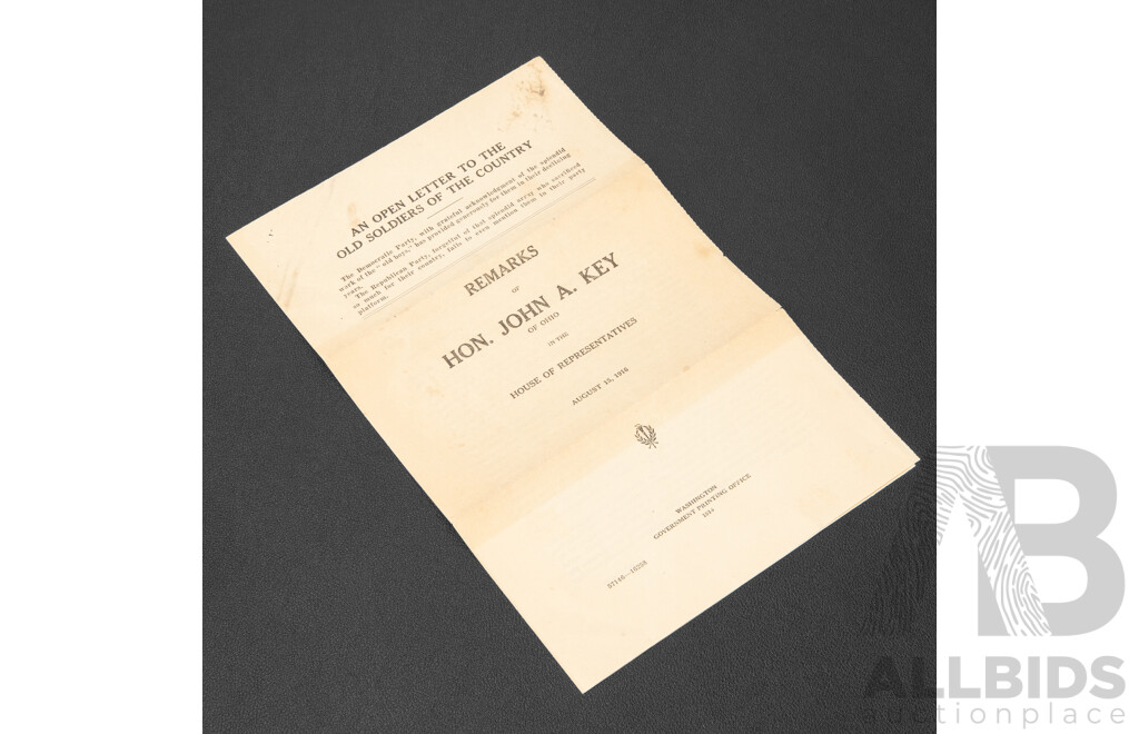 USA 1916 - An Open Letter to the Old Soldiers of the Country From Honorable Hon. John A. Key of Ohio in the House of Representatives
