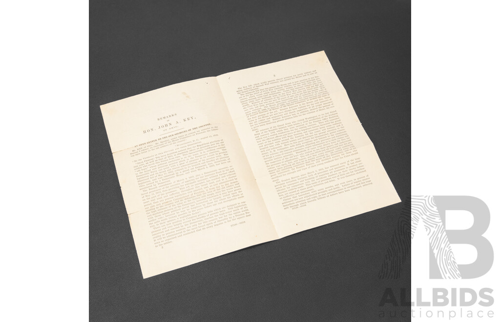 USA 1916 - An Open Letter to the Old Soldiers of the Country From Honorable Hon. John A. Key of Ohio in the House of Representatives