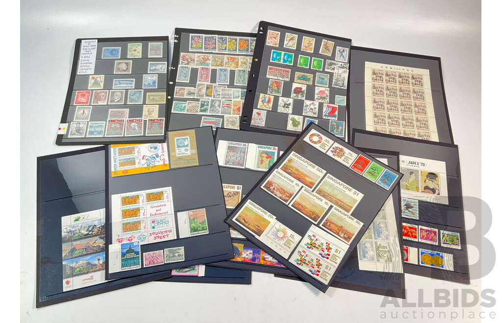 Collection of International Mint and Cancelled Stamps Including Austria, Japan, China, Singapore, Tuvalu, Indonesia, Chile