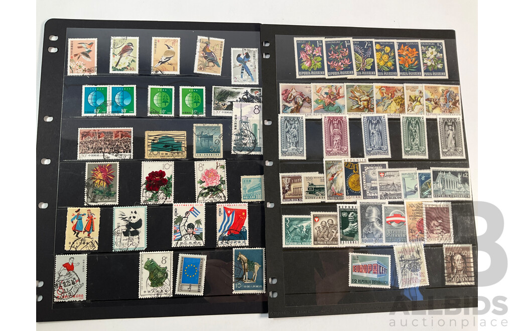 Collection of International Mint and Cancelled Stamps Including Austria, Japan, China, Singapore, Tuvalu, Indonesia, Chile