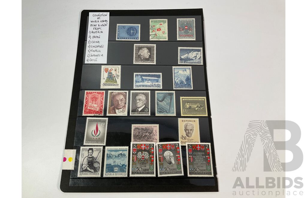 Collection of International Mint and Cancelled Stamps Including Austria, Japan, China, Singapore, Tuvalu, Indonesia, Chile