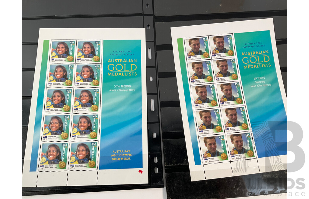 Six Australian 2001 Mint Stamp Sheets, Sydney Olympics Gold Medalists