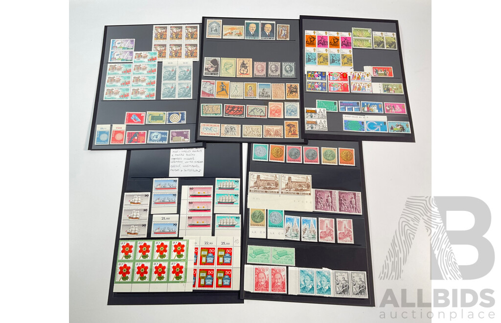 Collection of Mint Stamps, Blocks and Pairs Including Germany, Belgium, Luxembourg, Greece, Switzerland, Poland, United Kingdom