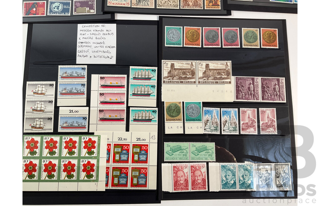 Collection of Mint Stamps, Blocks and Pairs Including Germany, Belgium, Luxembourg, Greece, Switzerland, Poland, United Kingdom