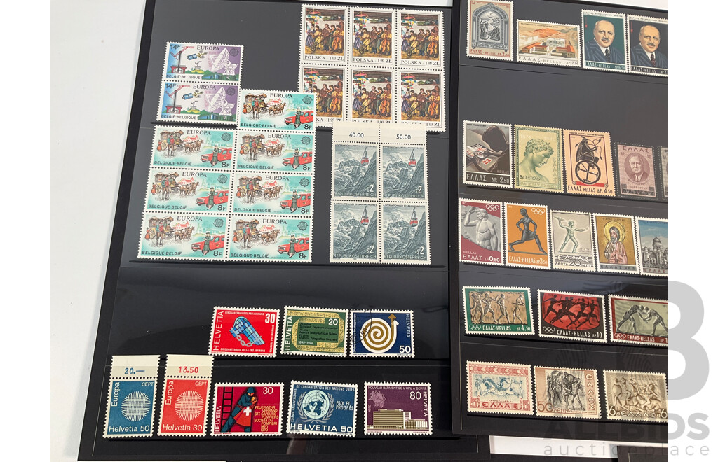Collection of Mint Stamps, Blocks and Pairs Including Germany, Belgium, Luxembourg, Greece, Switzerland, Poland, United Kingdom