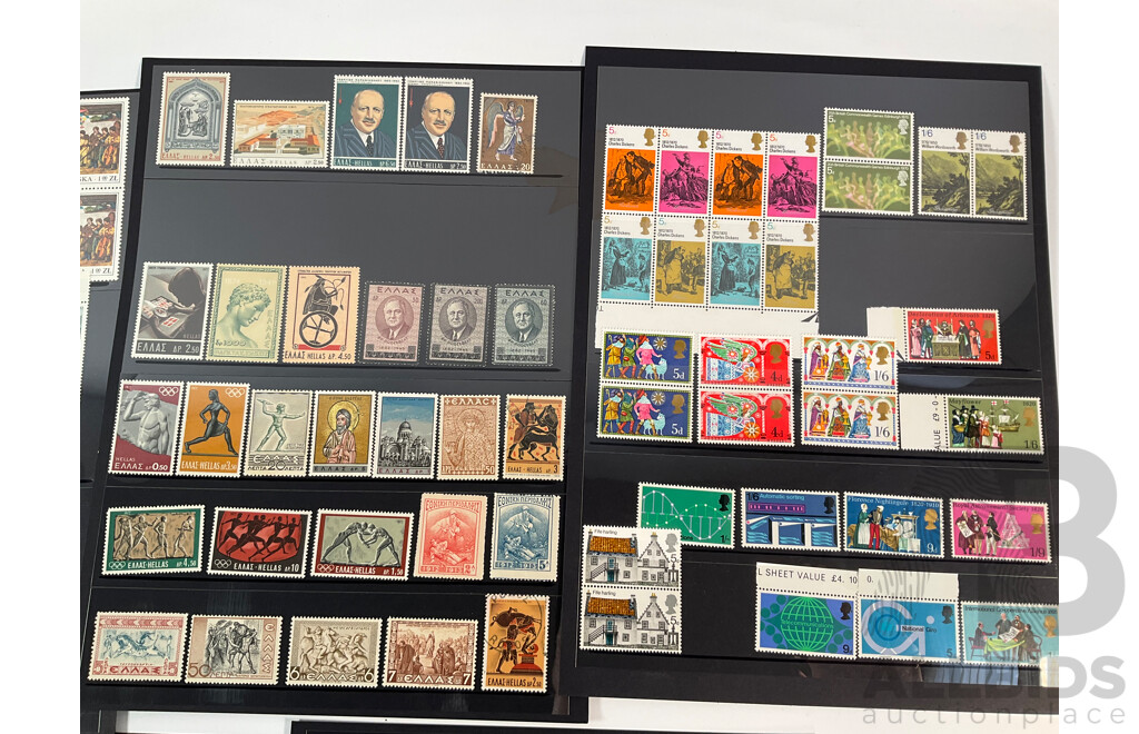 Collection of Mint Stamps, Blocks and Pairs Including Germany, Belgium, Luxembourg, Greece, Switzerland, Poland, United Kingdom