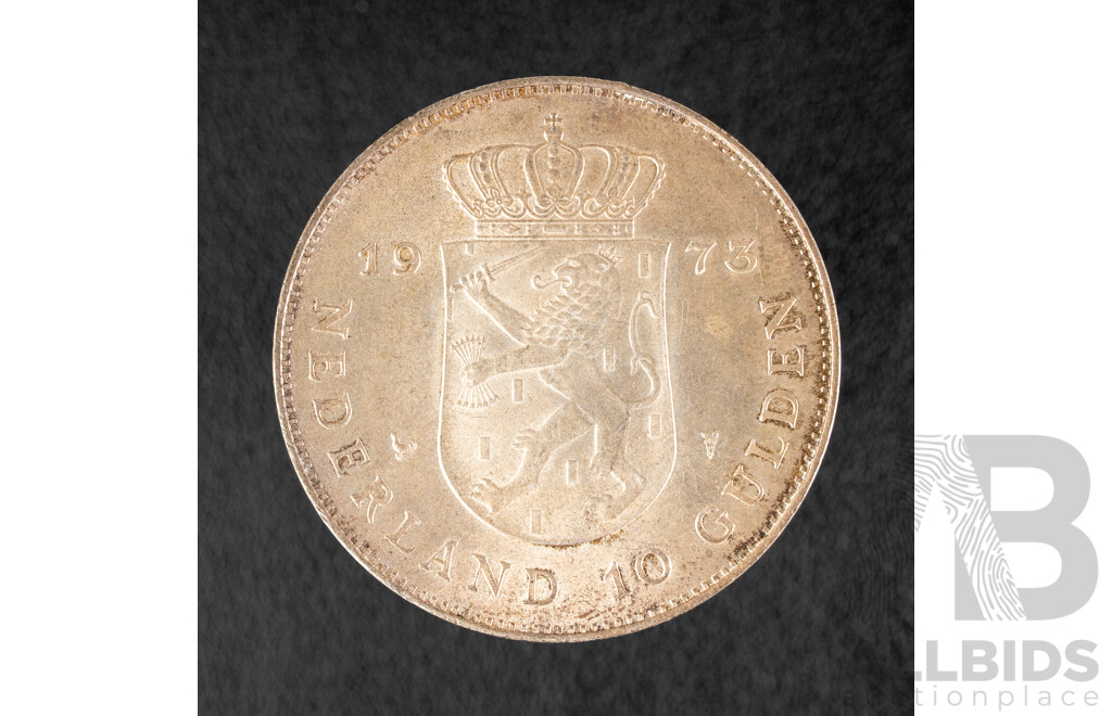 Netherlands 1973 Silver Ten Gulden Coin, 25th Anniversary of the Reign of Queen Juliana .720