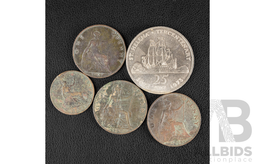 Great Britain QV 1866 Half Penny, with 1896, 1897, 1901 Pennies and St Helena 1973 Twenty Five Pence Coin, 300th Anniversary of St. Helena