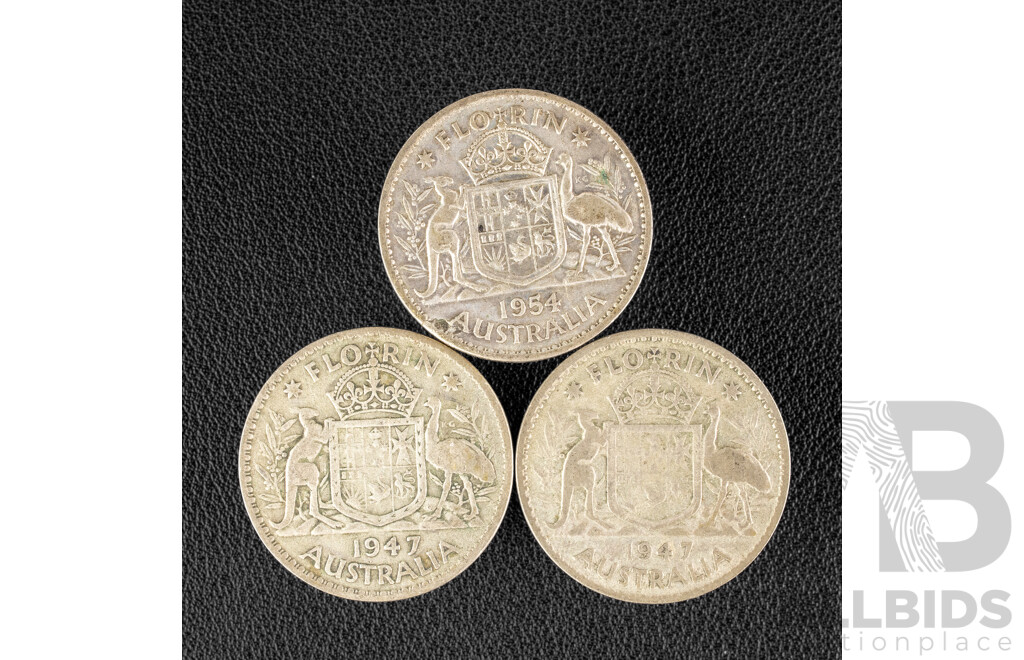 Three Australian Silver Florins Including Two 1947 and 1954 .500