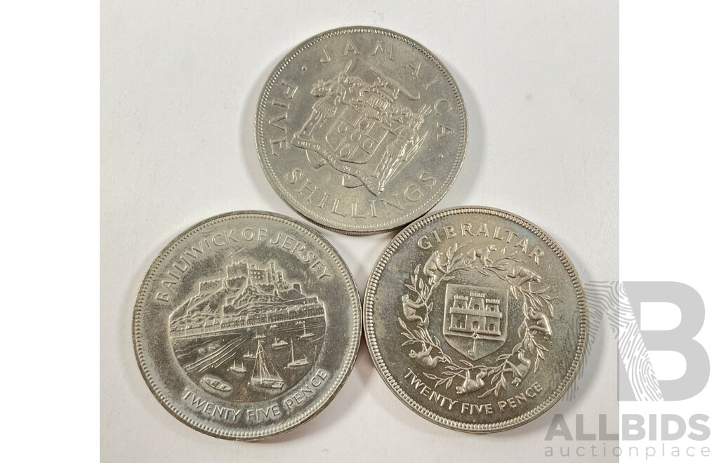 Jamaica 1966 Five Shillings, Commonwealth Games, Baliwick of Jersey 1977 and Gibraltar 1977 Twenty Five Pence, QE2 Silver Jubilee