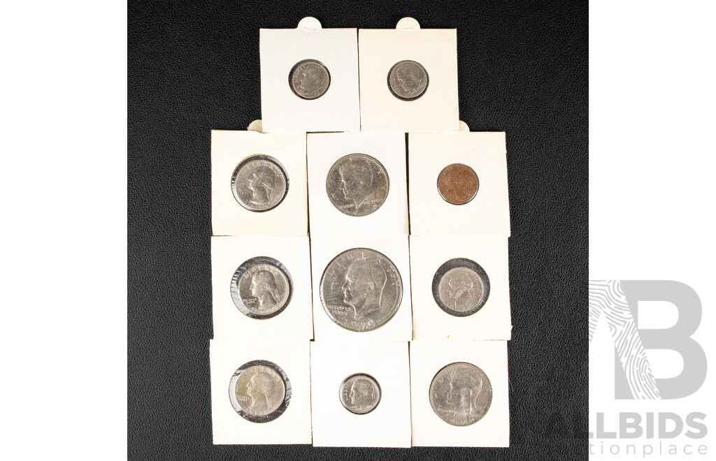 Collection of USA Coins Including 1974 Eisenhower Dollar, 1972, 1974 Kennedy Half Dollars, Two 1976 Bicentennial, 1982 Quarters, 1964 Five Cents, 1971, 1973, 1975D Dimes, 1969 One Cent