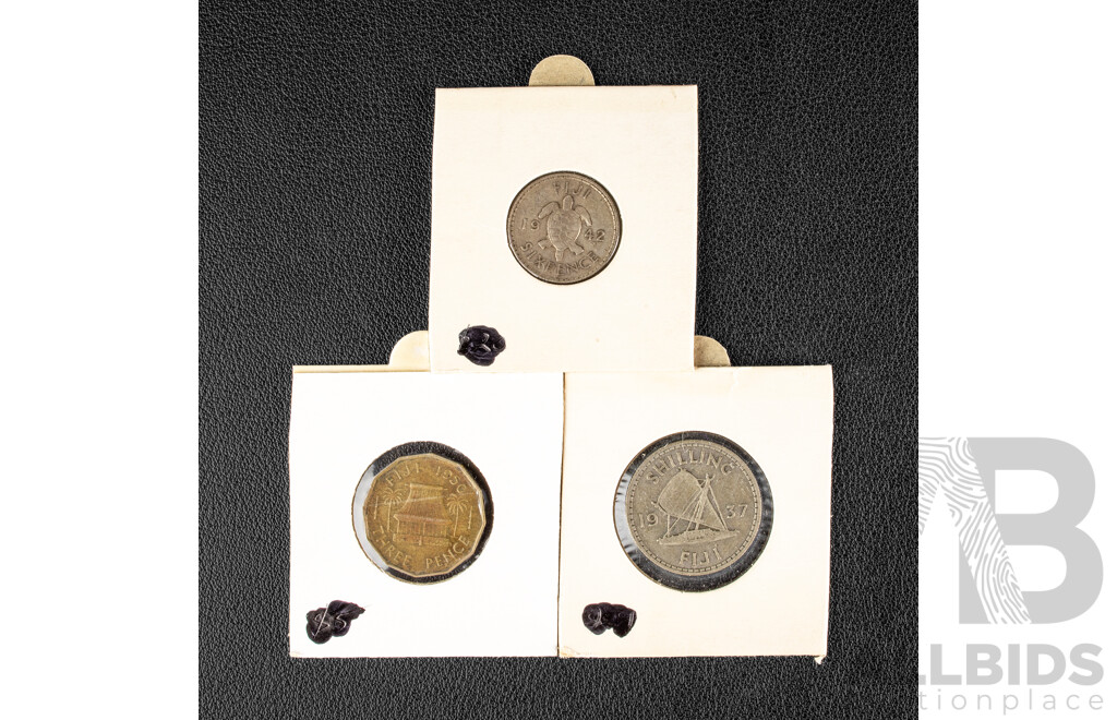 Fiji 1937 Silver Shilling 1942 Silver Sixpence, 1950 Threepence