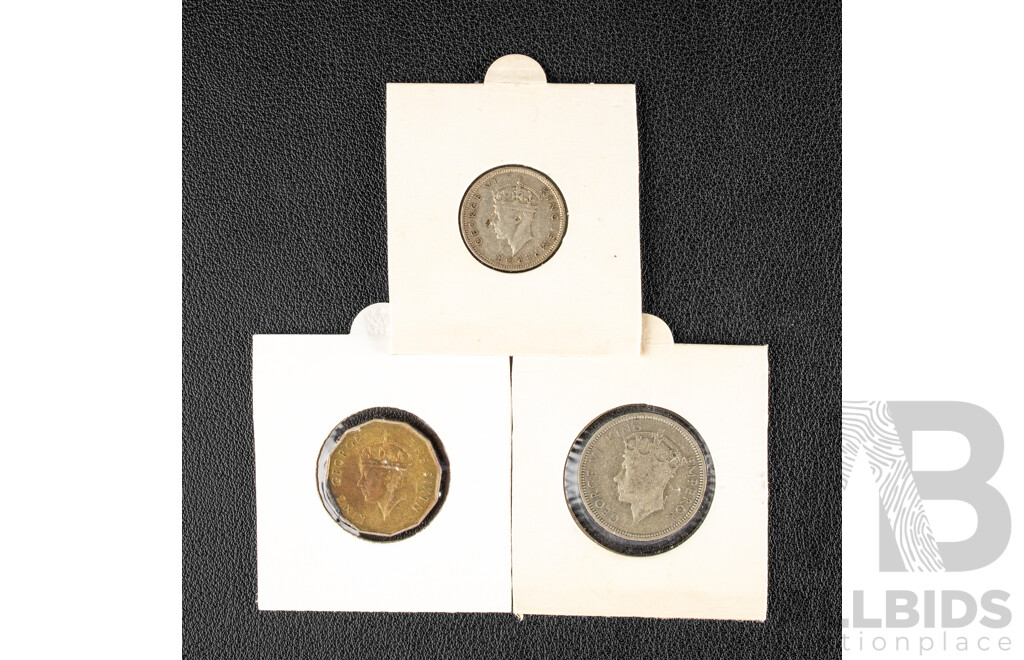 Fiji 1937 Silver Shilling 1942 Silver Sixpence, 1950 Threepence
