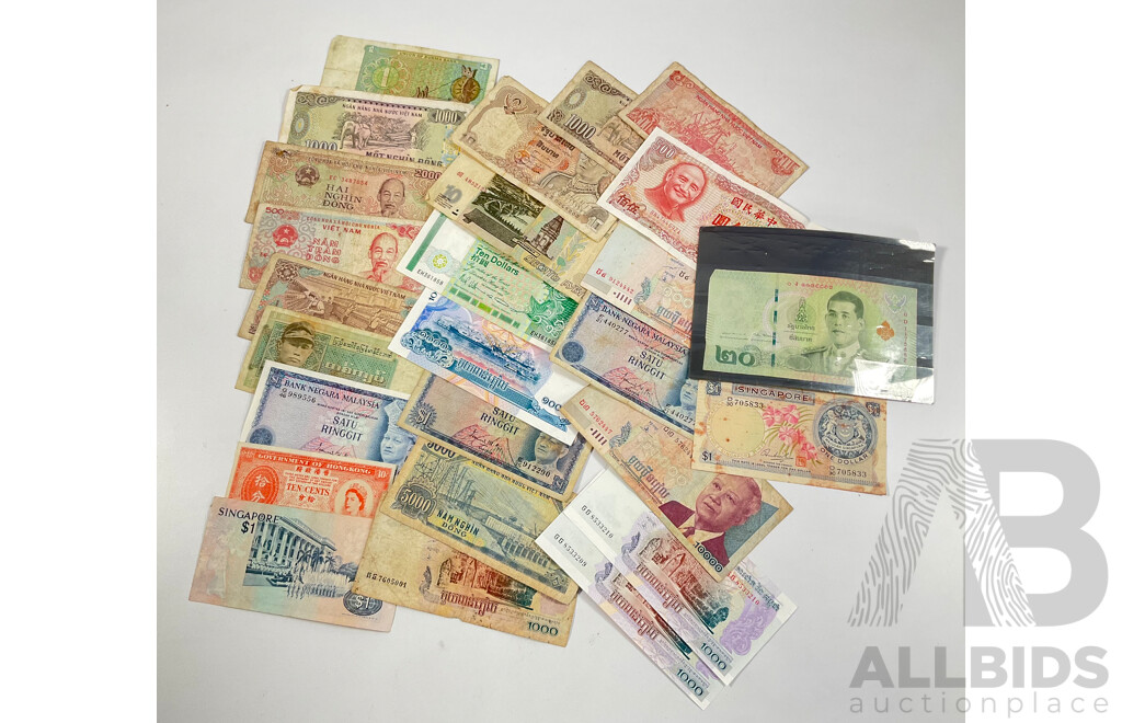Collection of Vintage International Banknotes Including Two Cambodia Consecutive One Thousand Riel, Taiwan, Singapore, Hong Kong, Vietnam, Malaysia