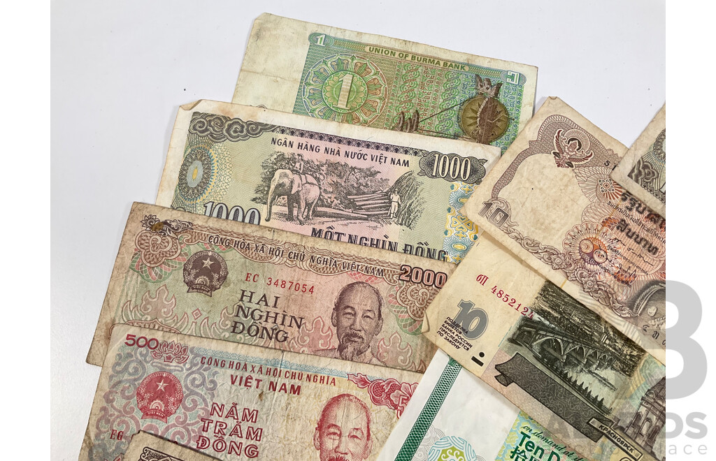 Collection of Vintage International Banknotes Including Two Cambodia Consecutive One Thousand Riel, Taiwan, Singapore, Hong Kong, Vietnam, Malaysia