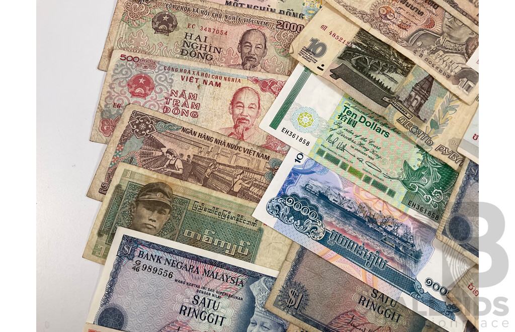 Collection of Vintage International Banknotes Including Two Cambodia Consecutive One Thousand Riel, Taiwan, Singapore, Hong Kong, Vietnam, Malaysia