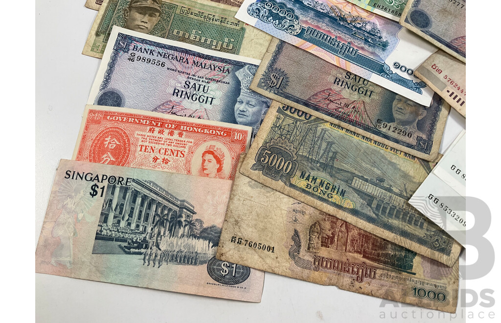 Collection of Vintage International Banknotes Including Two Cambodia Consecutive One Thousand Riel, Taiwan, Singapore, Hong Kong, Vietnam, Malaysia